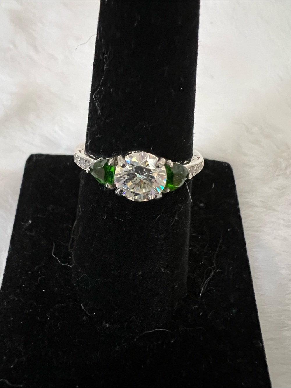 Strontium Titanate and Chrome Diopside Solitaire Ring - Green and Silver
